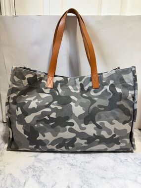 Pottery Barn Kids grey Camo large Canvas leather Tote Bag everyday mom